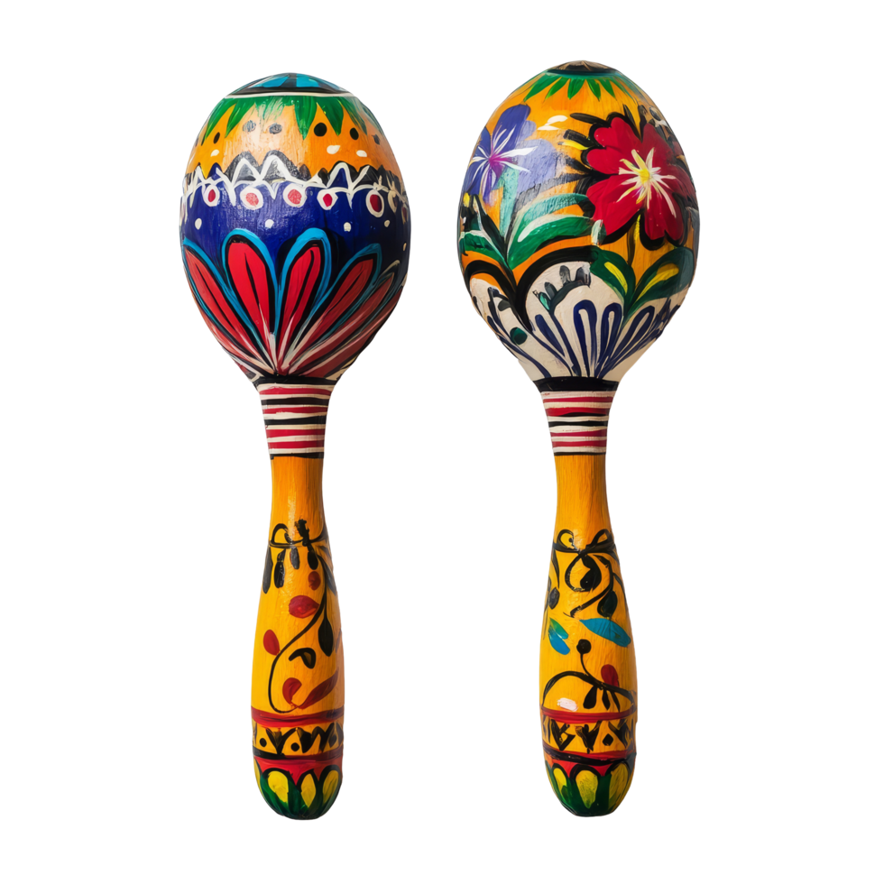 Vibrant, handcrafted traditional maracas displayed against a transparent background, Traditional Painted Maracas on transparent background png