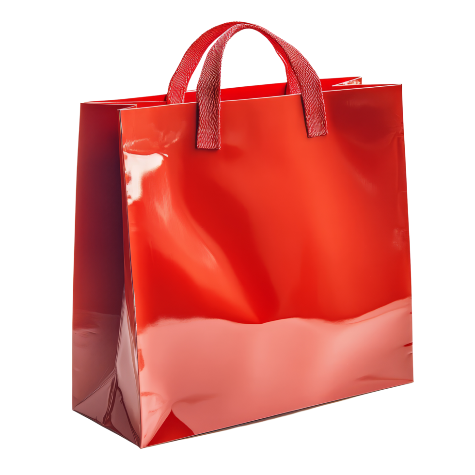 A bright red shopping bag isolated against a clean transparent background, perfect for showcasing purchases or gifts, Red shopping bag isolated png