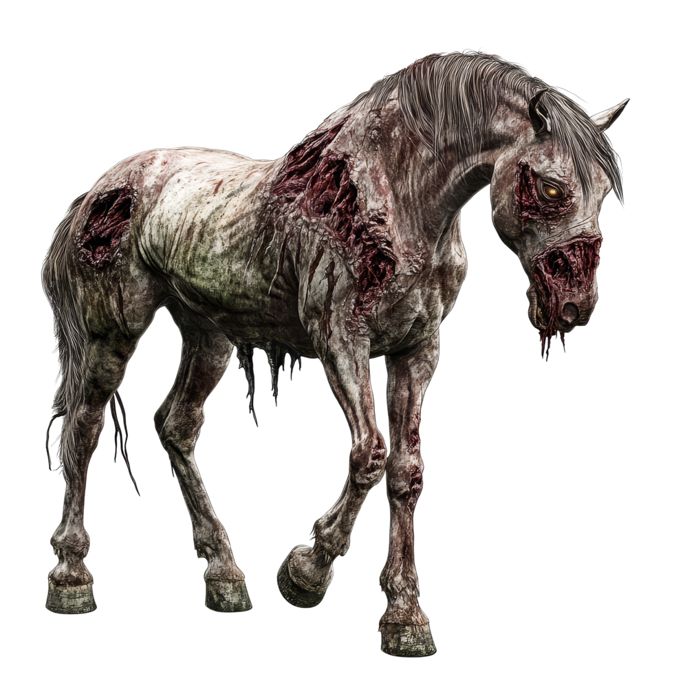 A zombie horse stands alone on a transparent background, showcasing its eerie, decaying features and haunting appearance, Zombie horse isolated on transparent background png