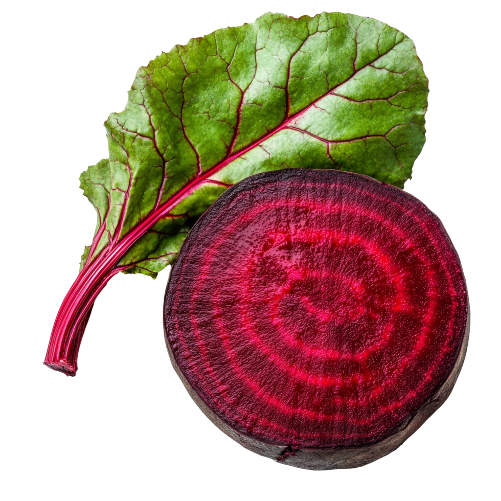 Freshly sliced beetroot with vibrant green leaf isolated on transparent background, ready for culinary use or display, slice of beetroot with leaf isolated on transparent background png