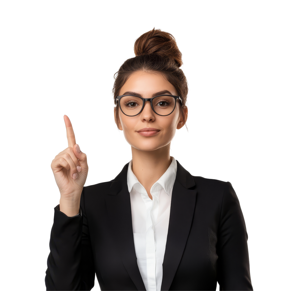 Confident businesswoman in a suit pointing upward to convey motivation and success in a bright, professional setting, Confident Businesswoman Pointing Upward on transparent background png