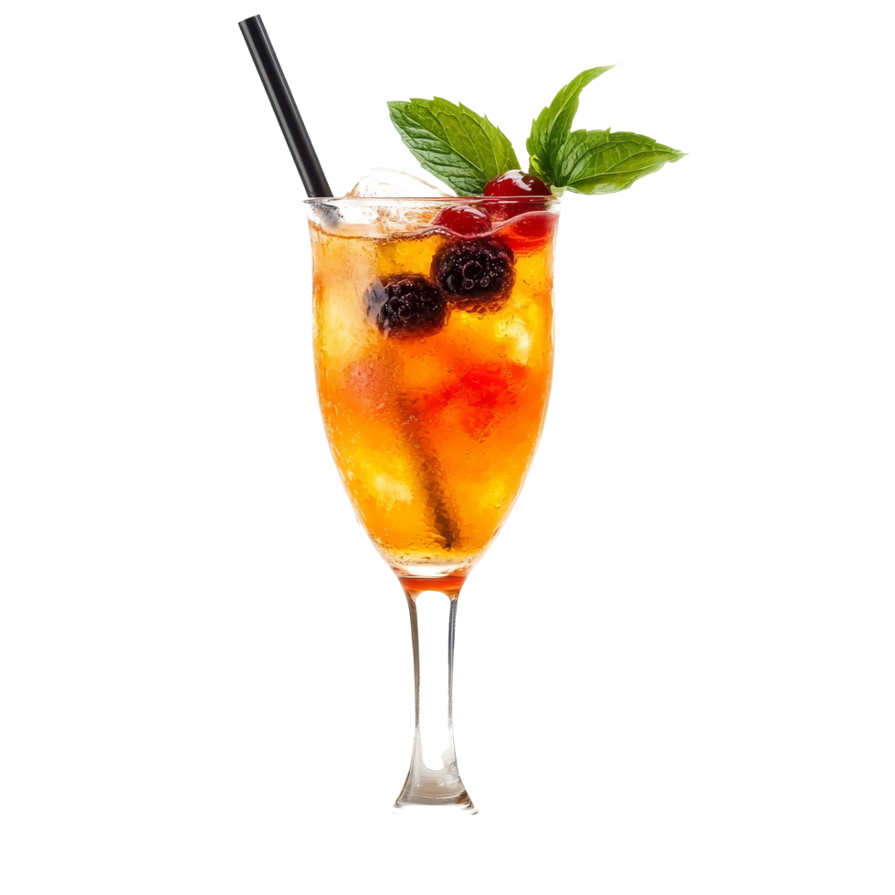 Refreshing summer cocktail with ice and fruits garnished on a transparent surface, summer cocktail isolated on transparent background or transparent backgroud png