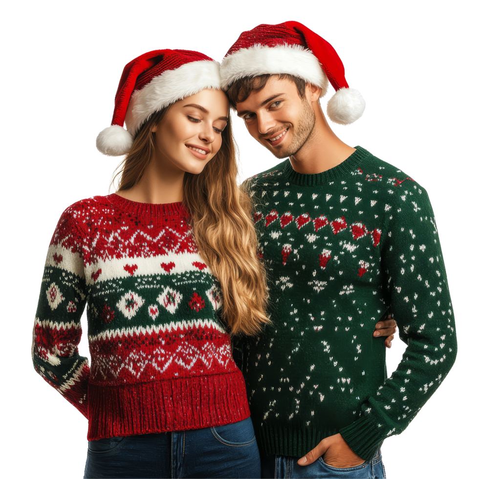 Loving couple celebrating Christmas in festive sweaters and Santa hats, radiating joy and holiday spirit together, Loving Couple in Christmas Sweaters and Santa Hats On transparent background png