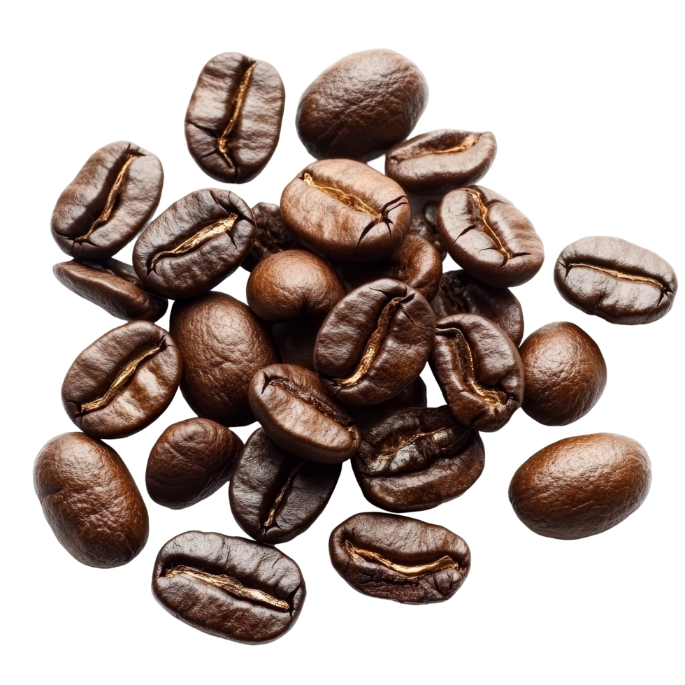 Freshly roasted coffee beans isolated on a transparent background showcasing their rich color and texture in a natural setting, coffee beans isolated Stock Photo png