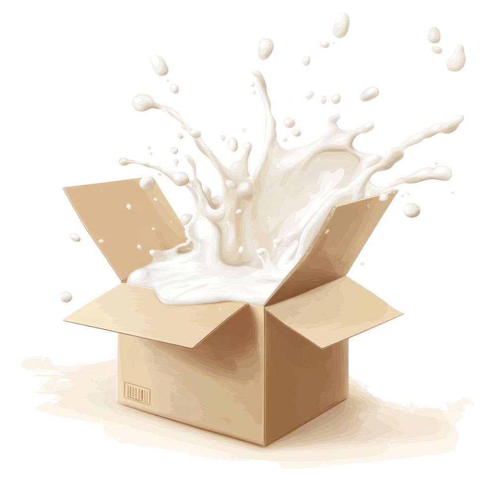 A carton box erupts with a splash of milk, illustrating freshness and vitality in a vibrant setting, Carton box or packaging with milk splash Stock Illustration png
