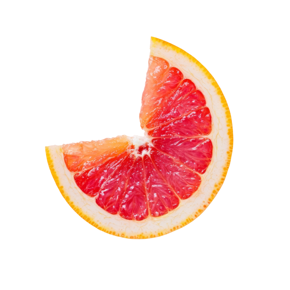 Fresh grapefruit slice showcasing vibrant pink flesh against a clean transparent background, Grapefruit piece on transparent background png