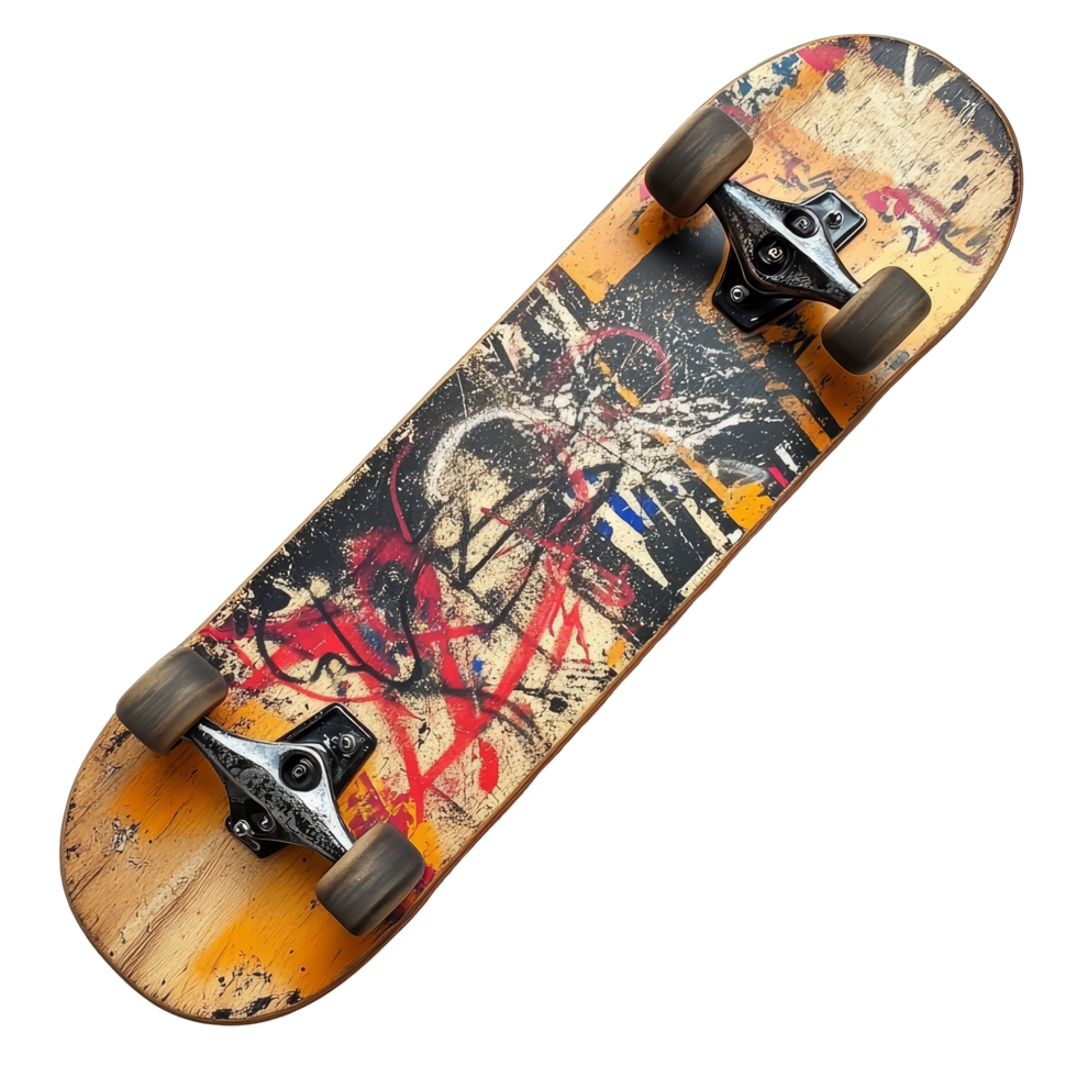 Vintage skateboard adorned with graffiti art against a clean transparent backdrop, Vintage Skateboard with Graffiti on transparent background png