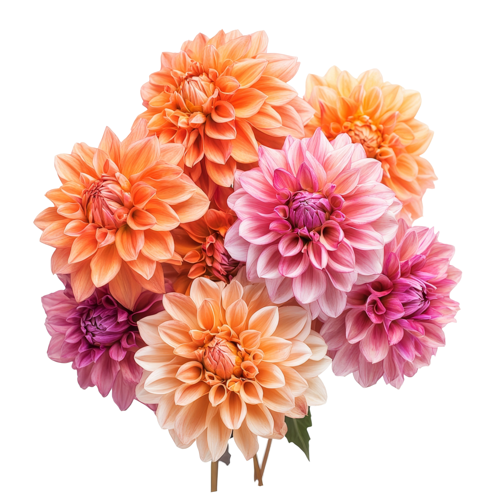A vibrant bouquet of dahlia flowers in shades of pink and orange isolated on a transparent backdrop, Bouquet of dahlia flowers, isolated on transparent background png