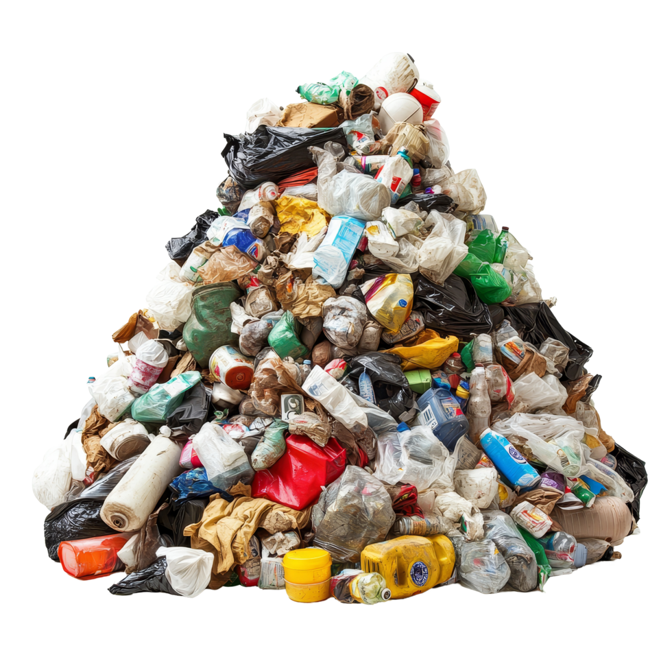 Towering pile of assorted trash junk isolated against a transparent background, highlighting urban waste challenges and environmental issues, towering pile of trash junk isolated on transparent png