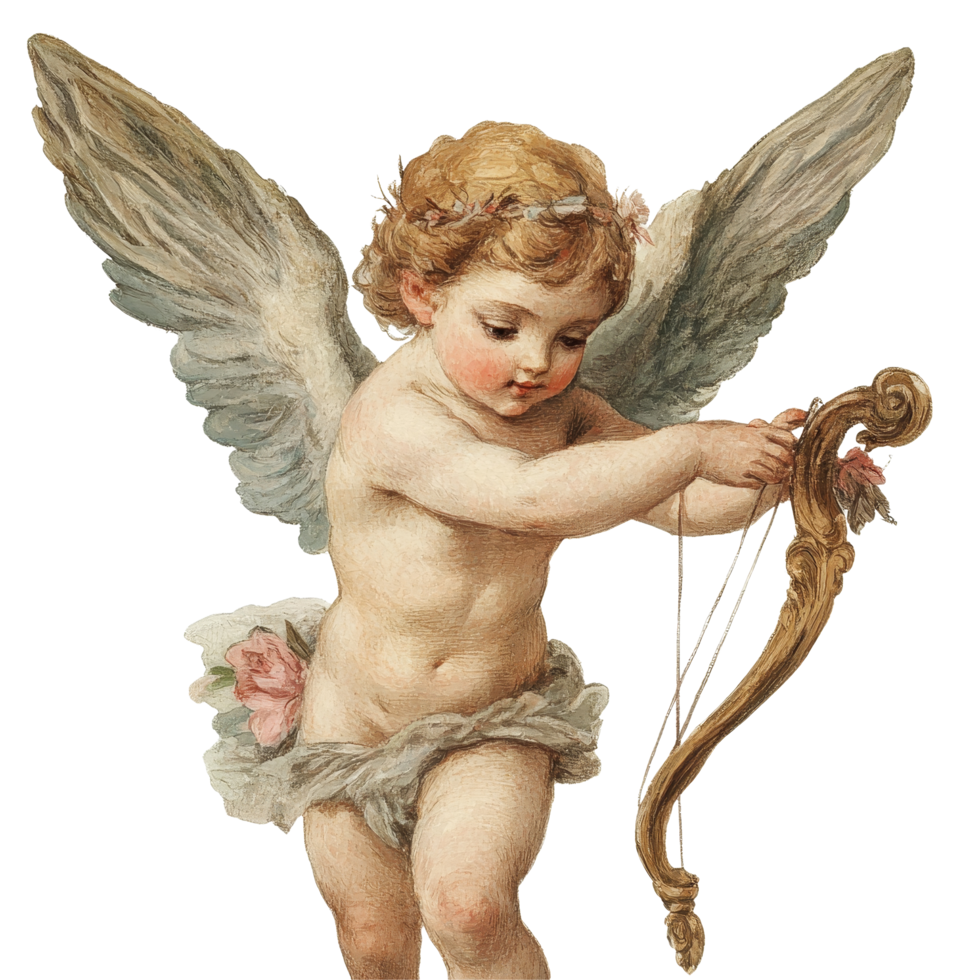Classic pastel illustration of Cupid holding a bow and arrow in a whimsical, playful setting, Classic Cupid Illustration Pastel Oil Paint Effect, isolated on transparent background png