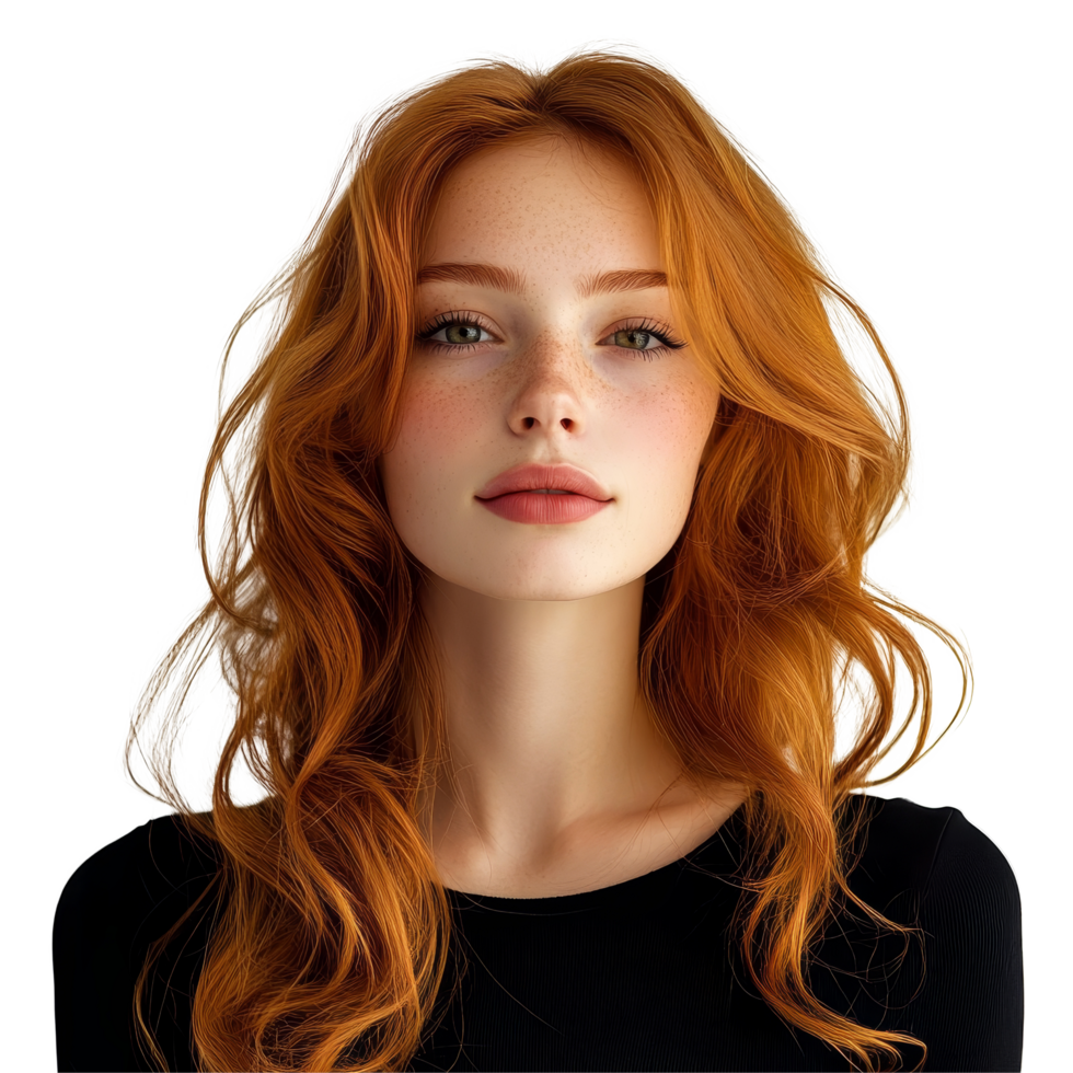 Portrait of a beautiful redhead woman with wavy hair against a plain background, portrait of a beautiful redhead woman isolated on transparent background png