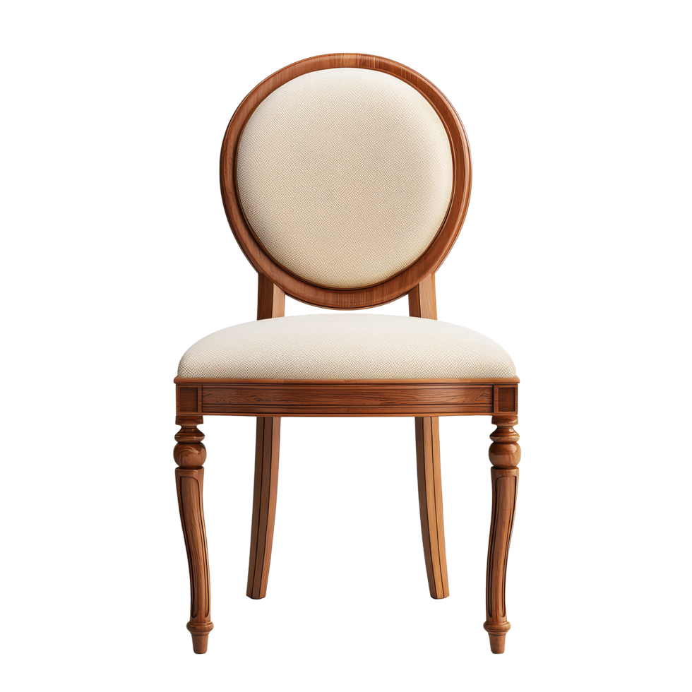 Elegant wooden chair with round backrest and cream upholstery on a transparent background showcasing its intricate design, chair isolated on transparent png