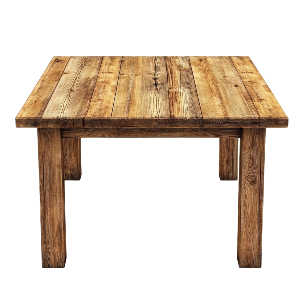 A solid wooden table with a rustic design isolated against a transparent background suitable for various home interiors, wooden table isolated on transparent png
