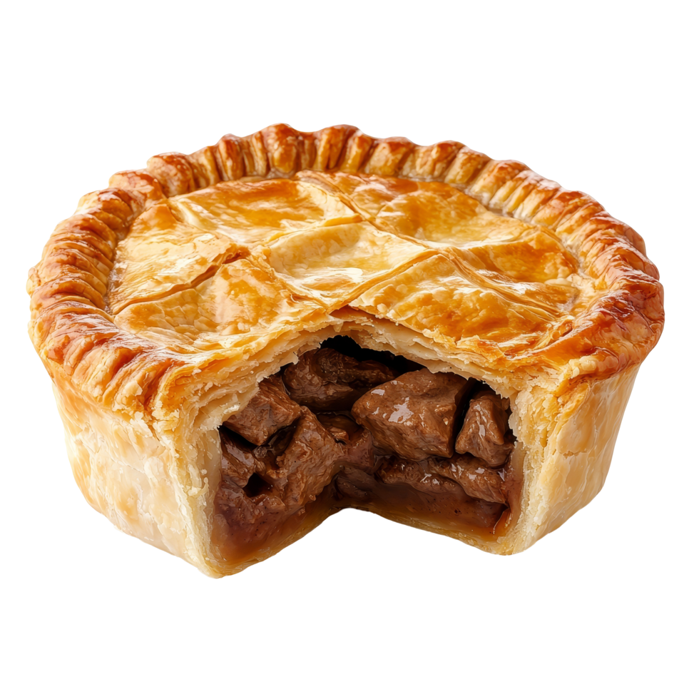 Tempting beef pie with a golden crust and savory filling, set against a transparent background, pie filled beef isolated on transparent background png