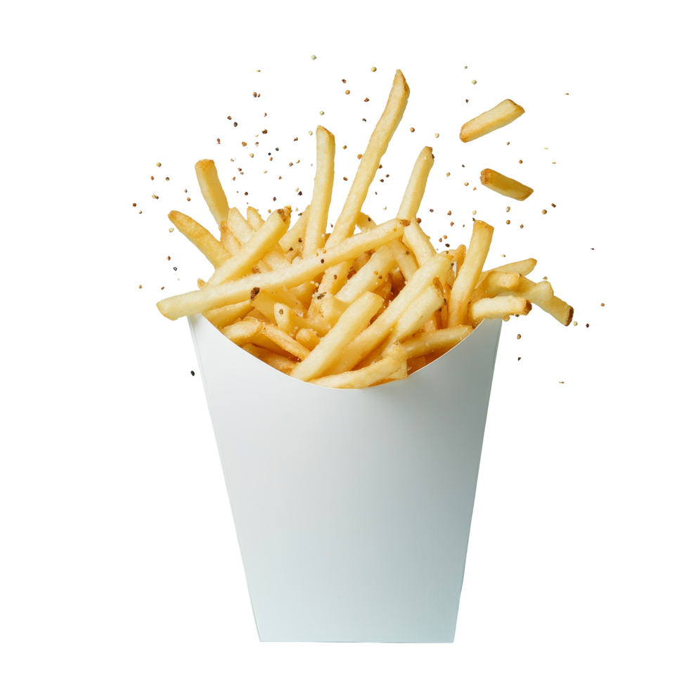 French fries overflowing from a transparent paper box against a light blue background in a bright setting, French fries bursting out from transparent paper box png