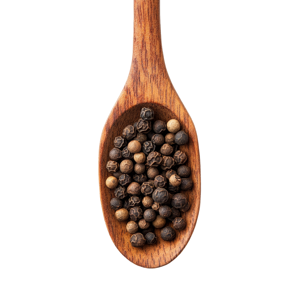 Peppercorns in a wooden spoon, isolated on a transparent background, showcasing natural spices for culinary use, peppercorns in wood spoon isolated on transparent background png