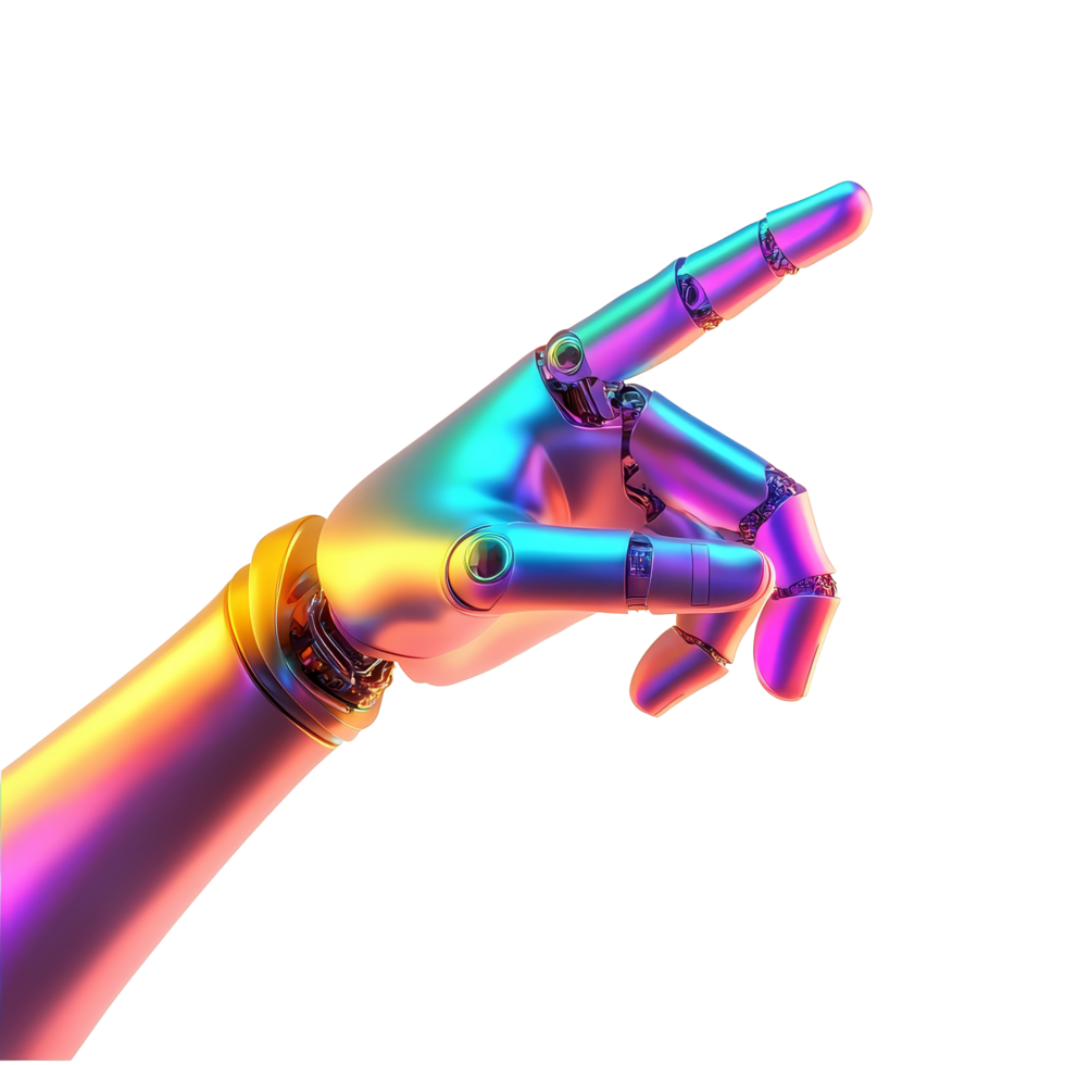 Colorful android hand pointing gesture on a transparent background illustrating technology and innovation, Android Hand Pointing Gesture on transparent background png
