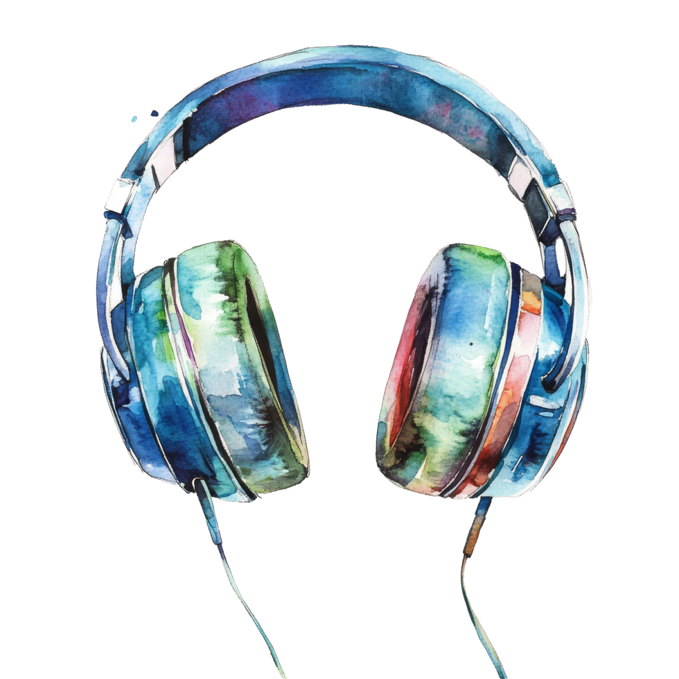 Vibrant watercolor illustration of colorful headphones with a transparent background and artistic details, headphone transparent background. Headphone transparent background png