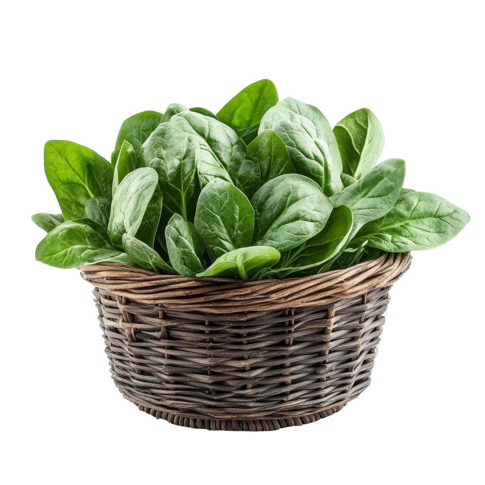 Fresh spinach leaves in a rustic basket isolated on a transparent background, showcasing organic produce, Spinach leaves in basket isolated on transparent background png
