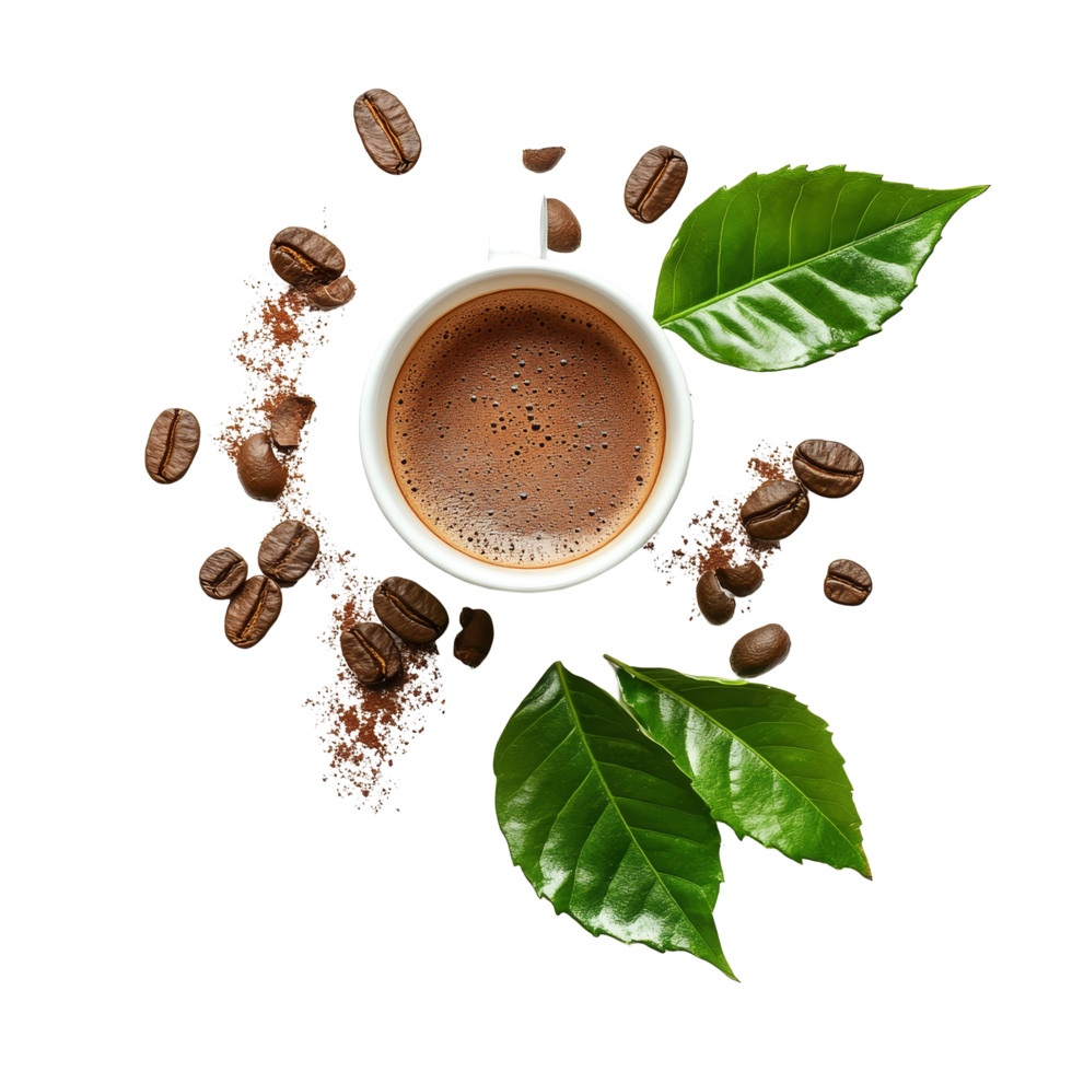 A cup of instant coffee surrounded by coffee beans and fresh green leaves on a transparent background, instant coffee and leaves on transparent background png