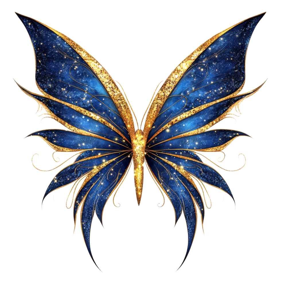 Elegant blue and gold fairy wings with a sparkling design, perfect for whimsical adventures, Blue and Gold Fairy Wings with Sparkling Design, Isolated on transparent background png
