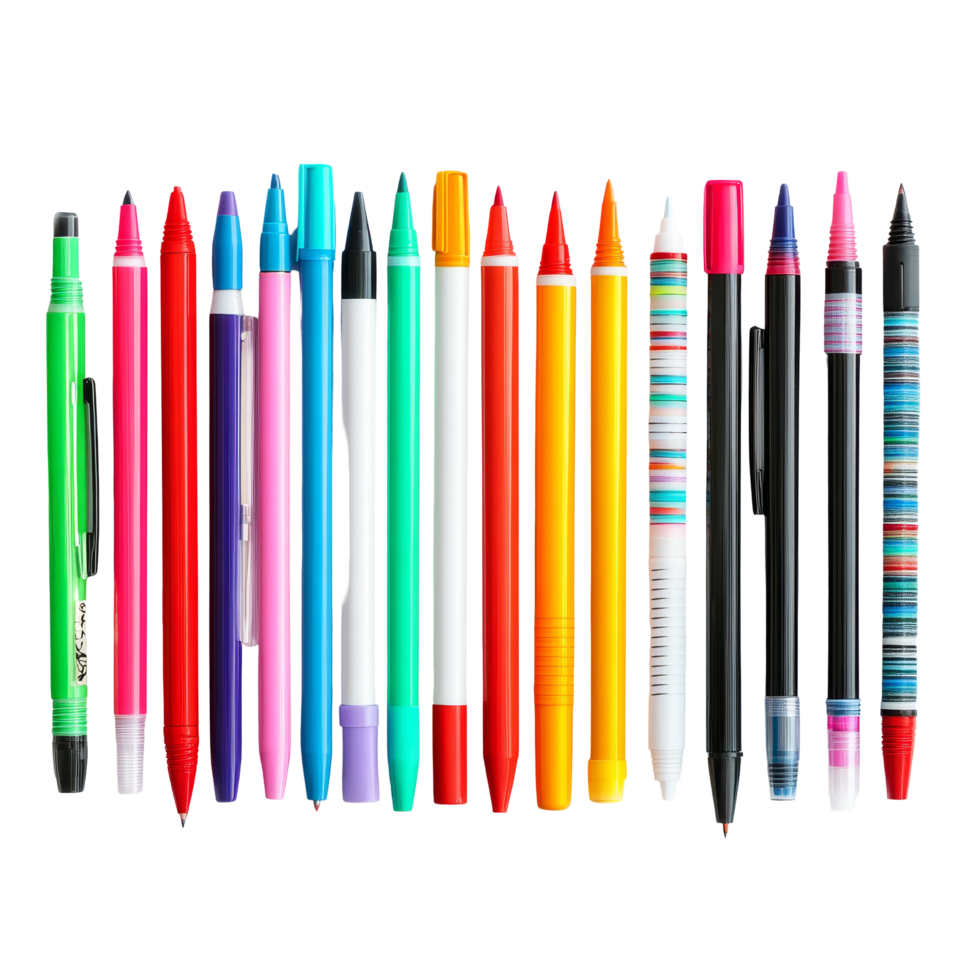 Colorful collection of pens and markers arranged neatly on a light surface for creative arts and crafts projects, colorful pens and markers laid out side by sideisolated on transparent background png