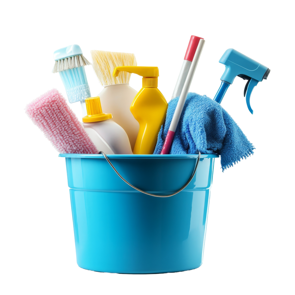 Cleaning supplies and tools in a bright blue bucket on a transparent background, ideal for home organization and cleaning, Cleaning Supplies and Tools in Bucket on transparent background png