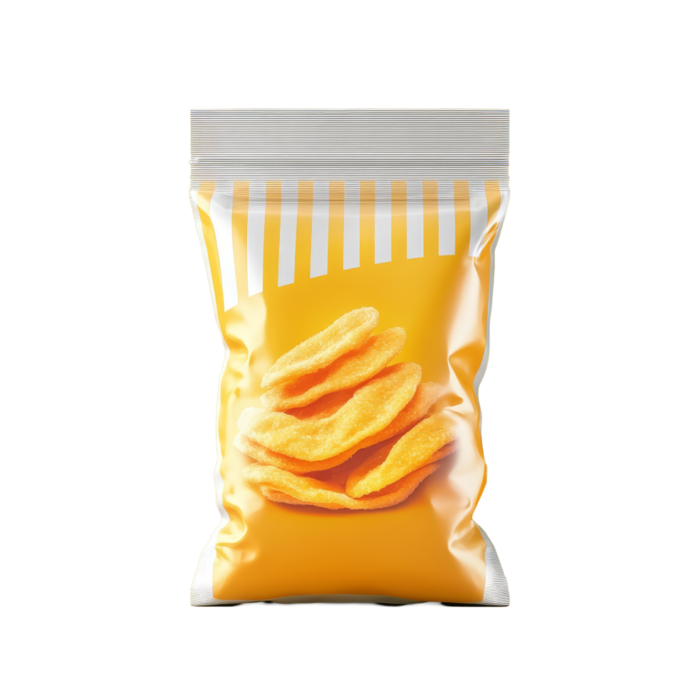 Brightly colored snack packaging featuring crispy chips against a vibrant yellow background, Snack packaging isolated png