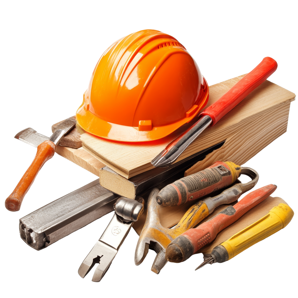Carpentry tools neatly arranged with a safety helmet on top against a bright transparent background, Carpentry tools with safety helmet png