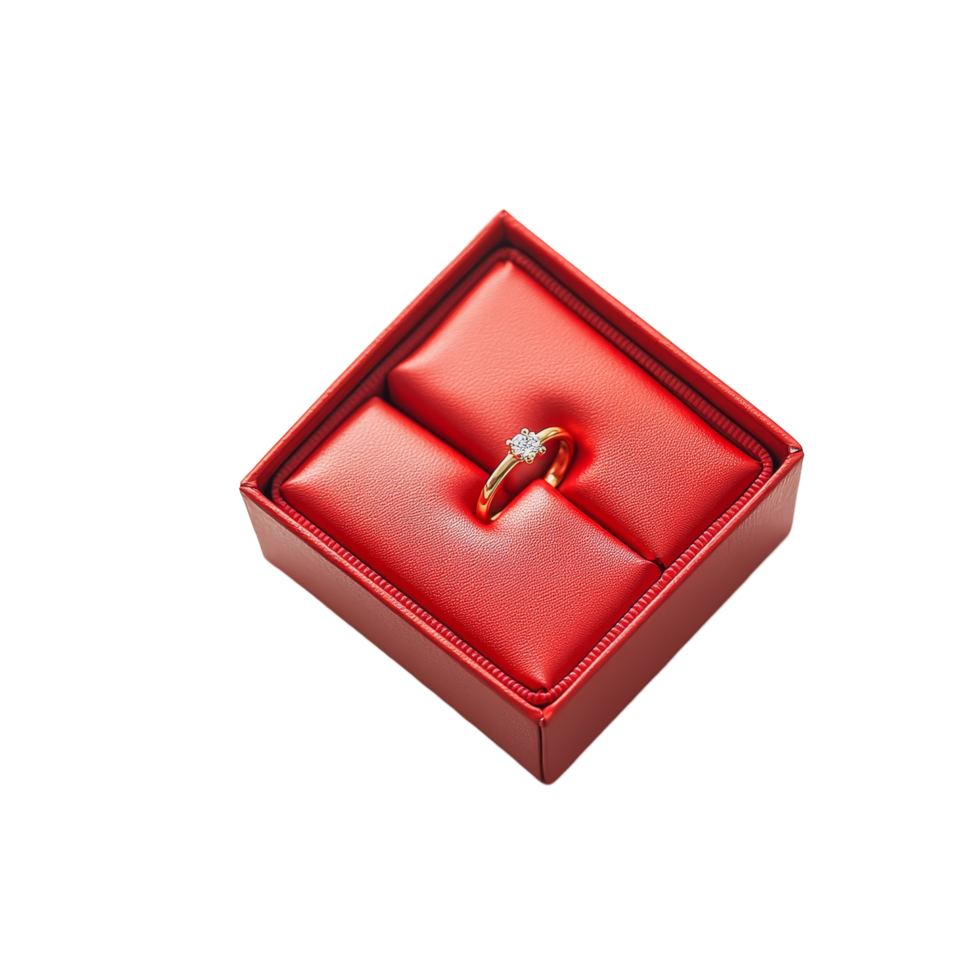 Elegant gold ring resting in a red box surrounded by delicate rose petals on a transparent background, red box gold ring and rose petals on transparent background png