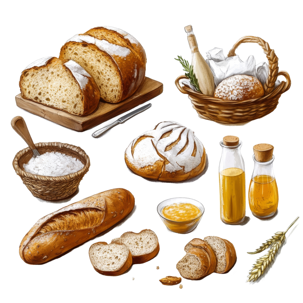 Creative display of breads, oils, and ingredients, highlighting culinary diversity, Bread and others ingredient png