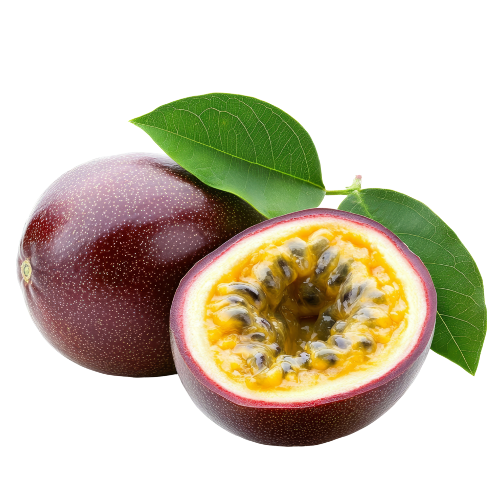 Fresh passion fruit with leaf resting on a clean transparent background, showcasing its vibrant color and unique texture, passion fruit with leaf on transparent background png