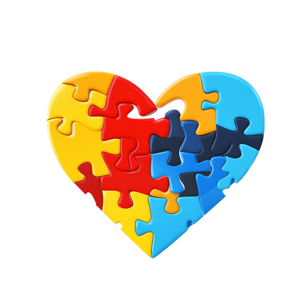 Colorful puzzle piece heart symbolizing autism awareness and acceptance for community support and love, multi colored puzzle piece heart shape autism symbol flat transparent background png