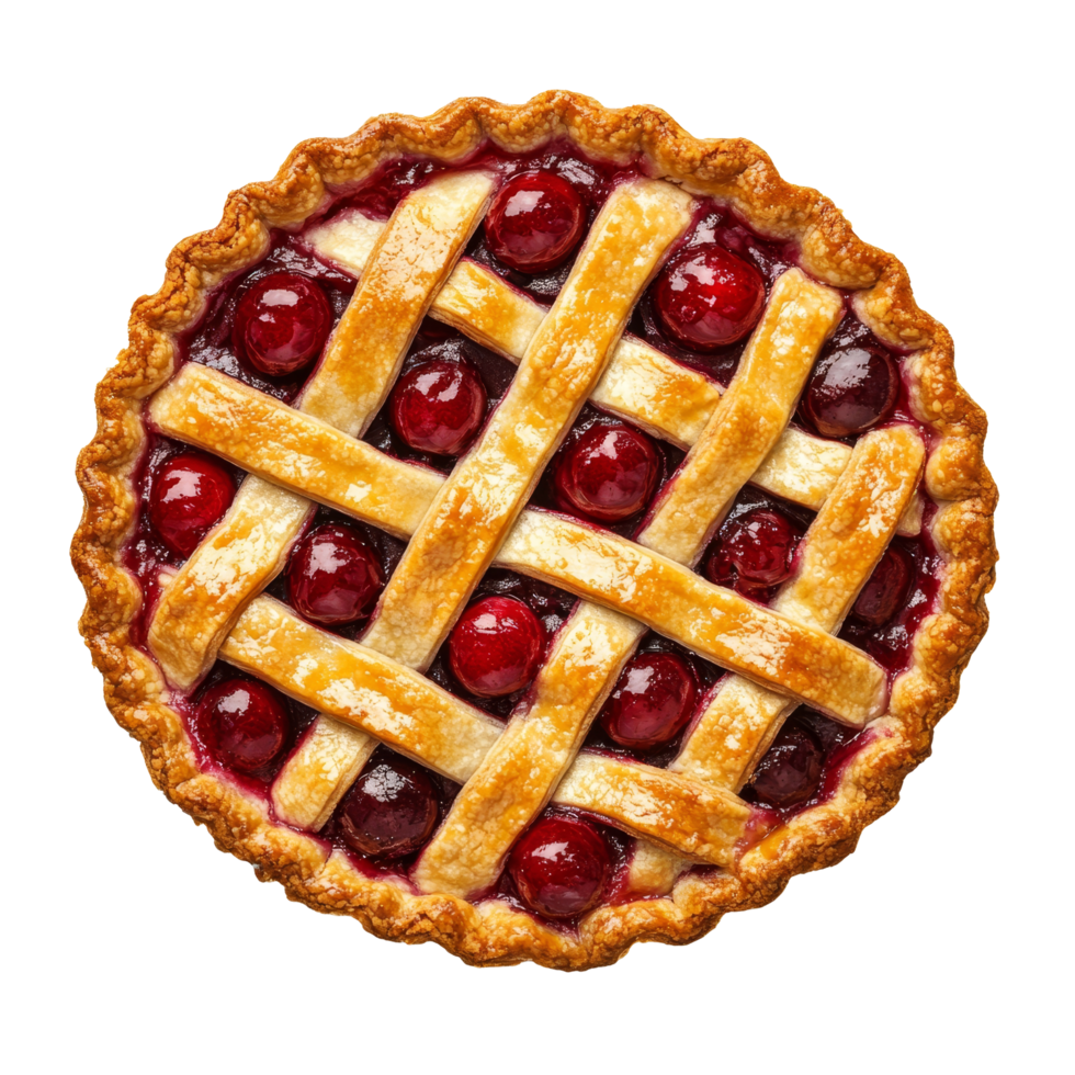 Aerial view of a freshly baked cherry pie with a lattice crust on a transparent background, Aerial view of cherry pie on transparent background png
