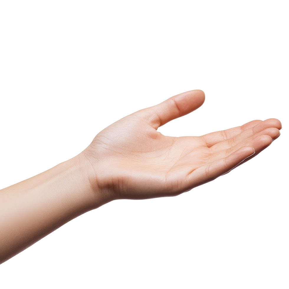 An open hand extended against a simple transparent background showcasing readiness and invitation, hand on transparent backgroundfile png