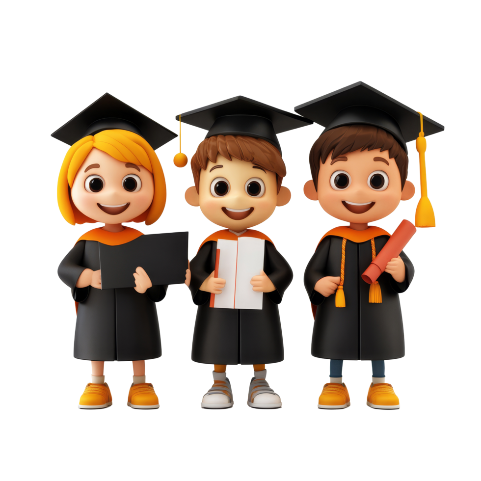 Cartoon students celebrating graduation with diplomas and caps on a transparent background, 3D Cartoon Students Graduaded On transparent background png