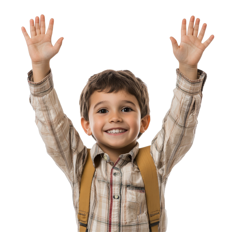 Happy boy student raising hands enthusiastically during a classroom activity on a bright background, Boy Student Raising Hands on transparent background png