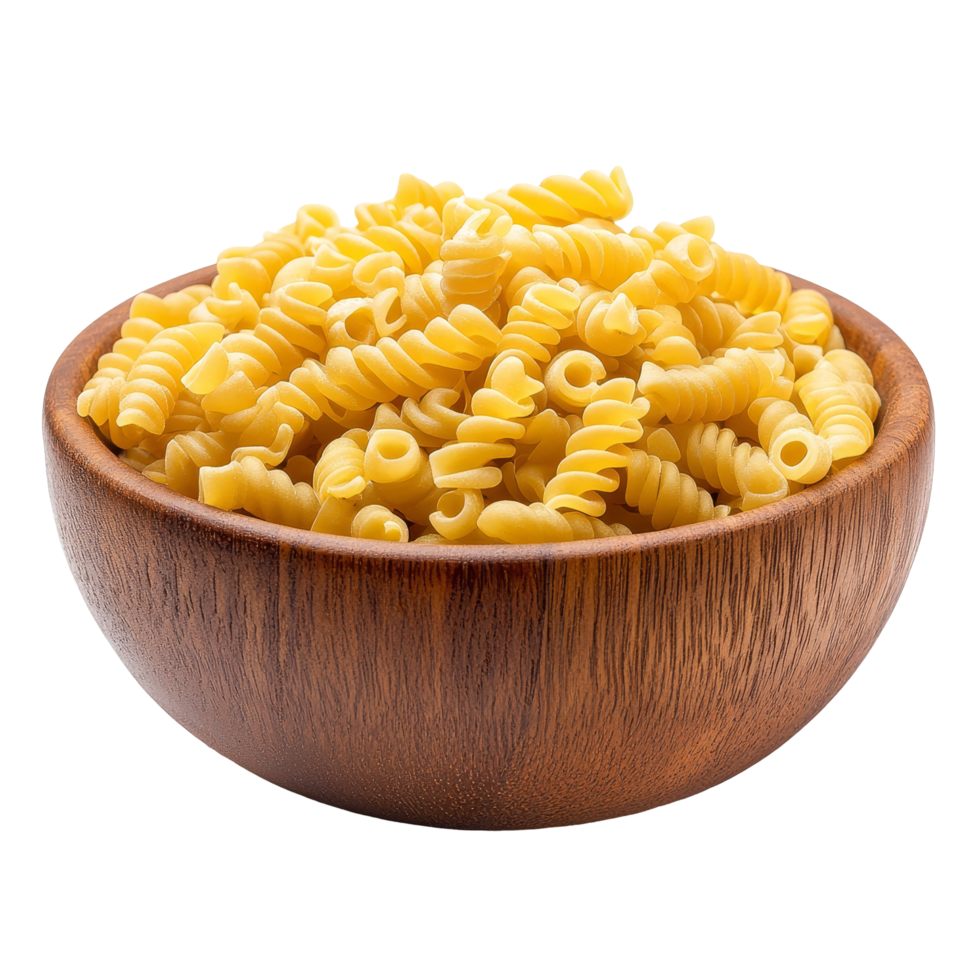 A rustic wooden bowl filled with uncooked macaroni gomiti pasta ready for culinary creations, Pile of raw Macaroni Gomiti Pasta in wood bowl isolated on transparent background png