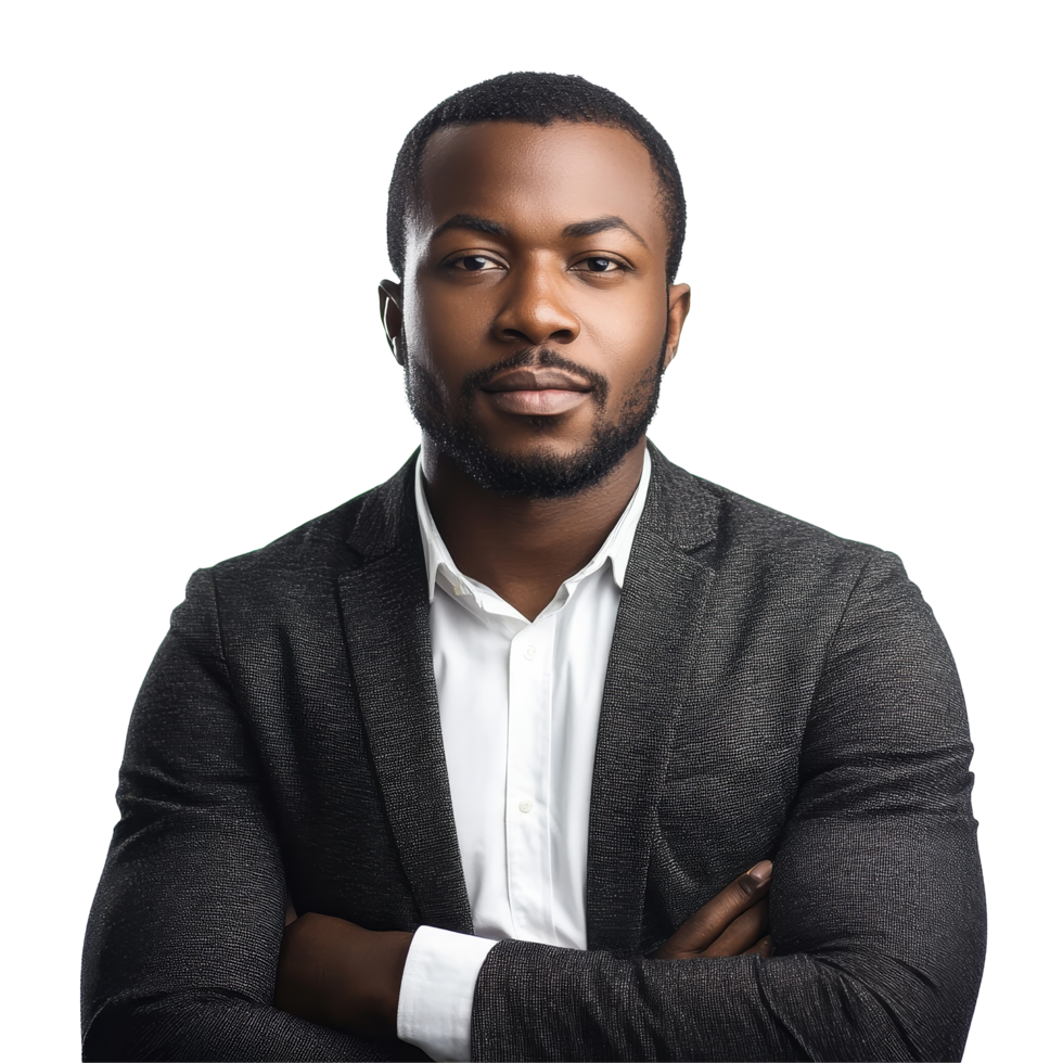 Confident African businessman posing with arms crossed against a plain transparent background, African business man isolated on transparent background png