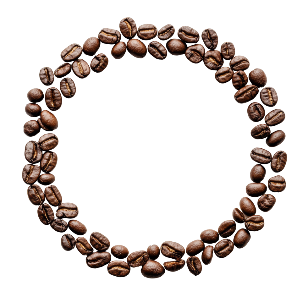 Coffee beans arranged in a circular pattern creating a ring shape on a transparent background with ample, Coffee beans forming a ring shape for copy space over transparent background Stock Photo png