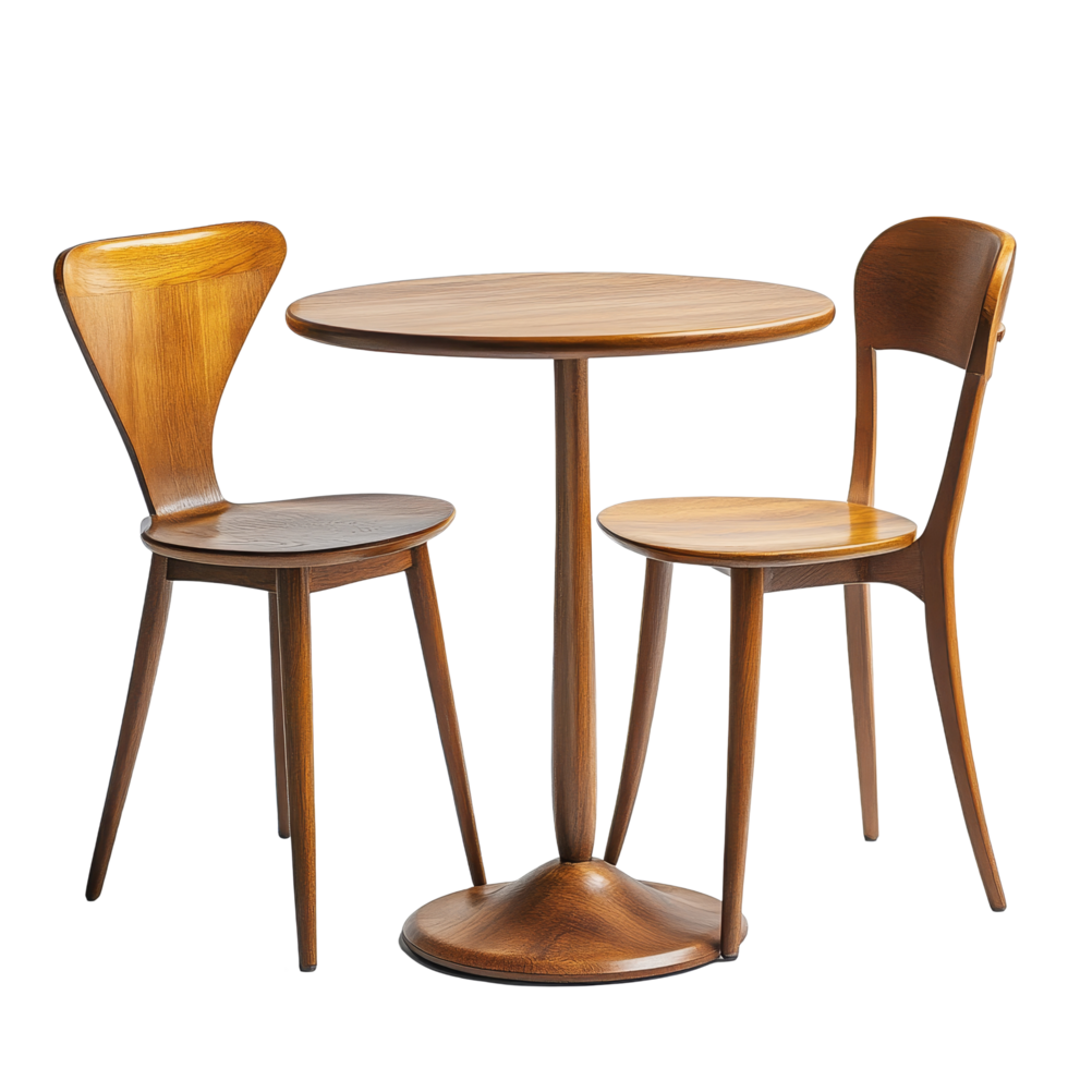 Stylish round wooden table and two matching chairs set against a clean transparent background for modern interiors, Wood table and chair on transparent background. wooden table with chair transparent png