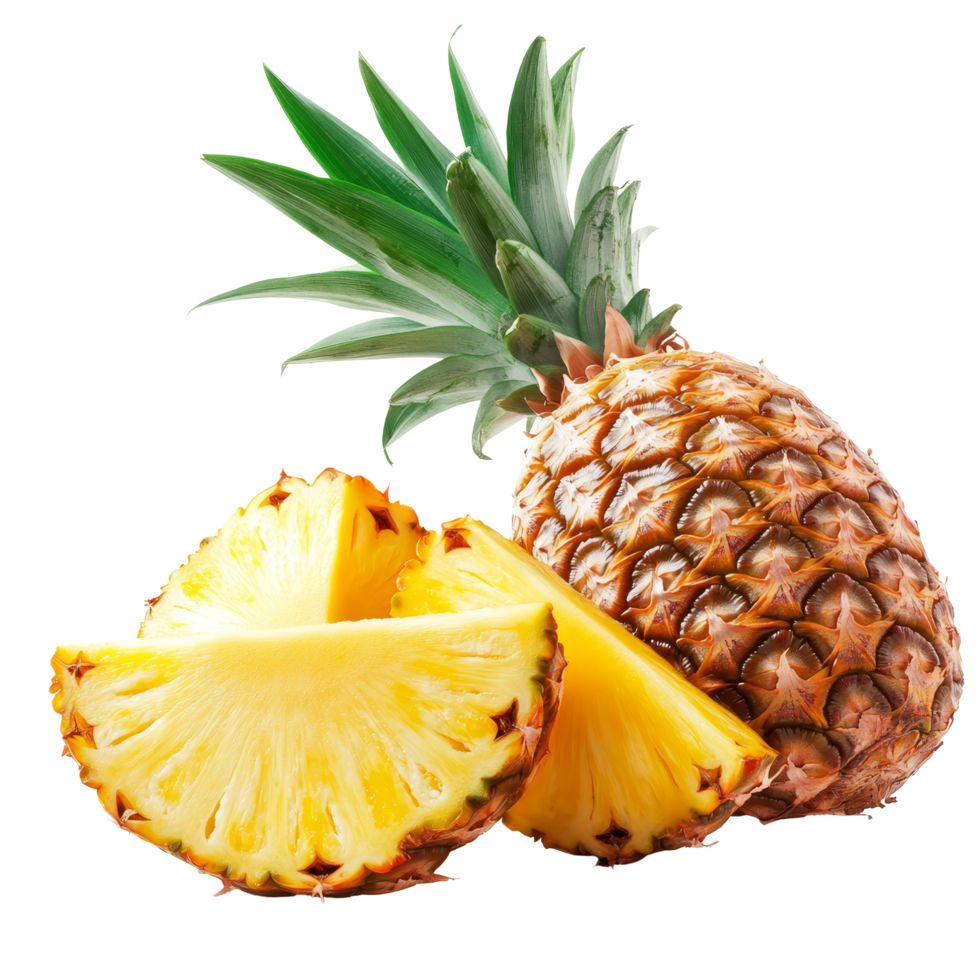 Fresh pineapple with sliced pieces displayed against a clean transparent background for culinary use and decoration, pineapple with slices on transparent background png