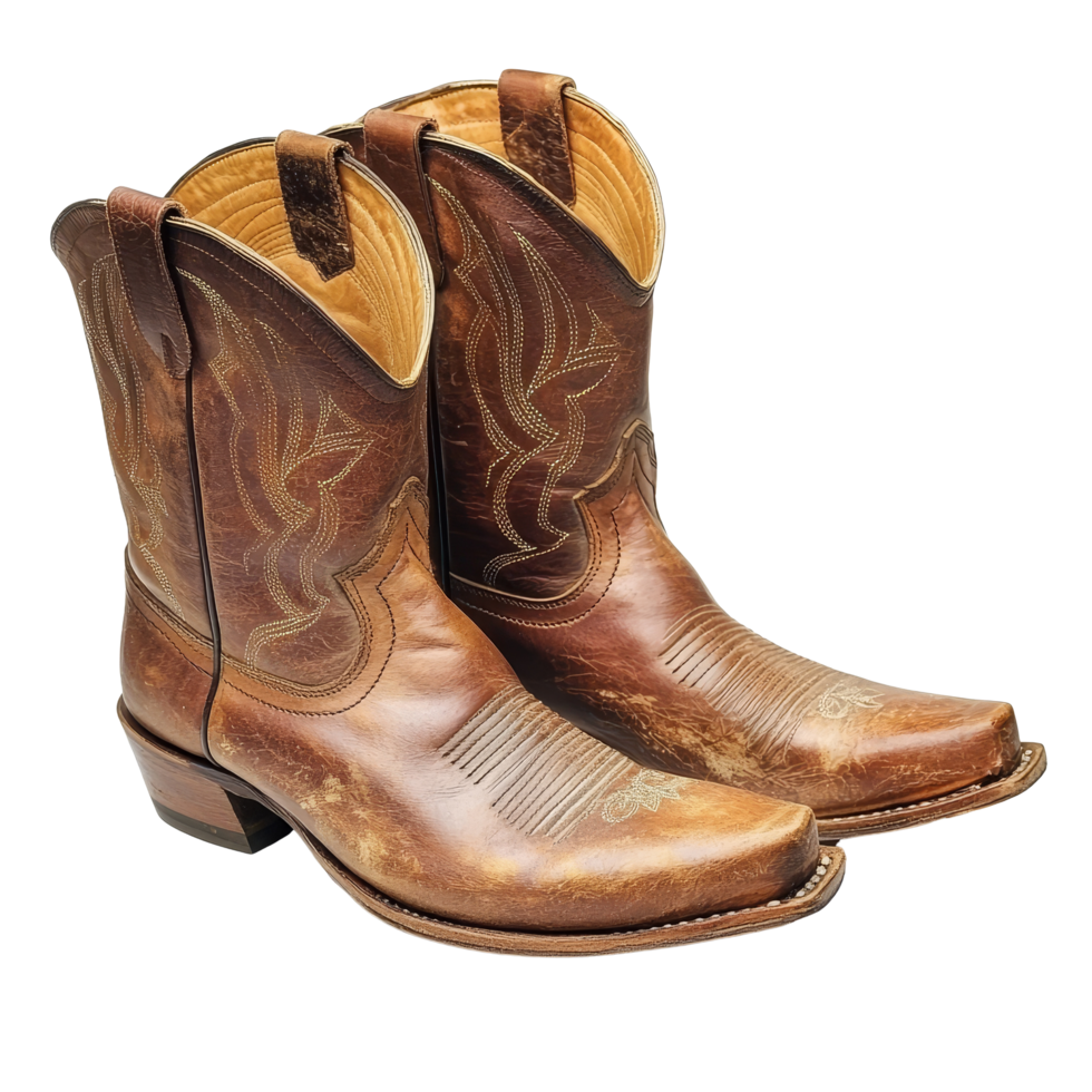Stylish brown leather cowboy boots with intricate designs isolated on a transparent background, Brown leather cowboy boots isolated on transparent background png