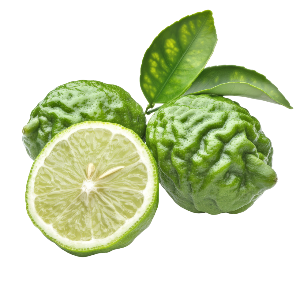 Two whole bergamot fruits and a sliced one with vibrant green leaves set against a transparent backdrop, bergamot with half and leaf isolated on transparent background png