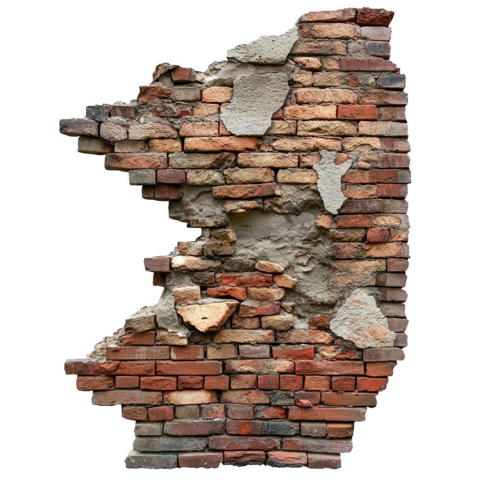 Cracked and damaged stone brick wall showcasing weathering and deterioration over time, collapsed, cracked, damaged or broken stone brick wall, isolated on transparent background png
