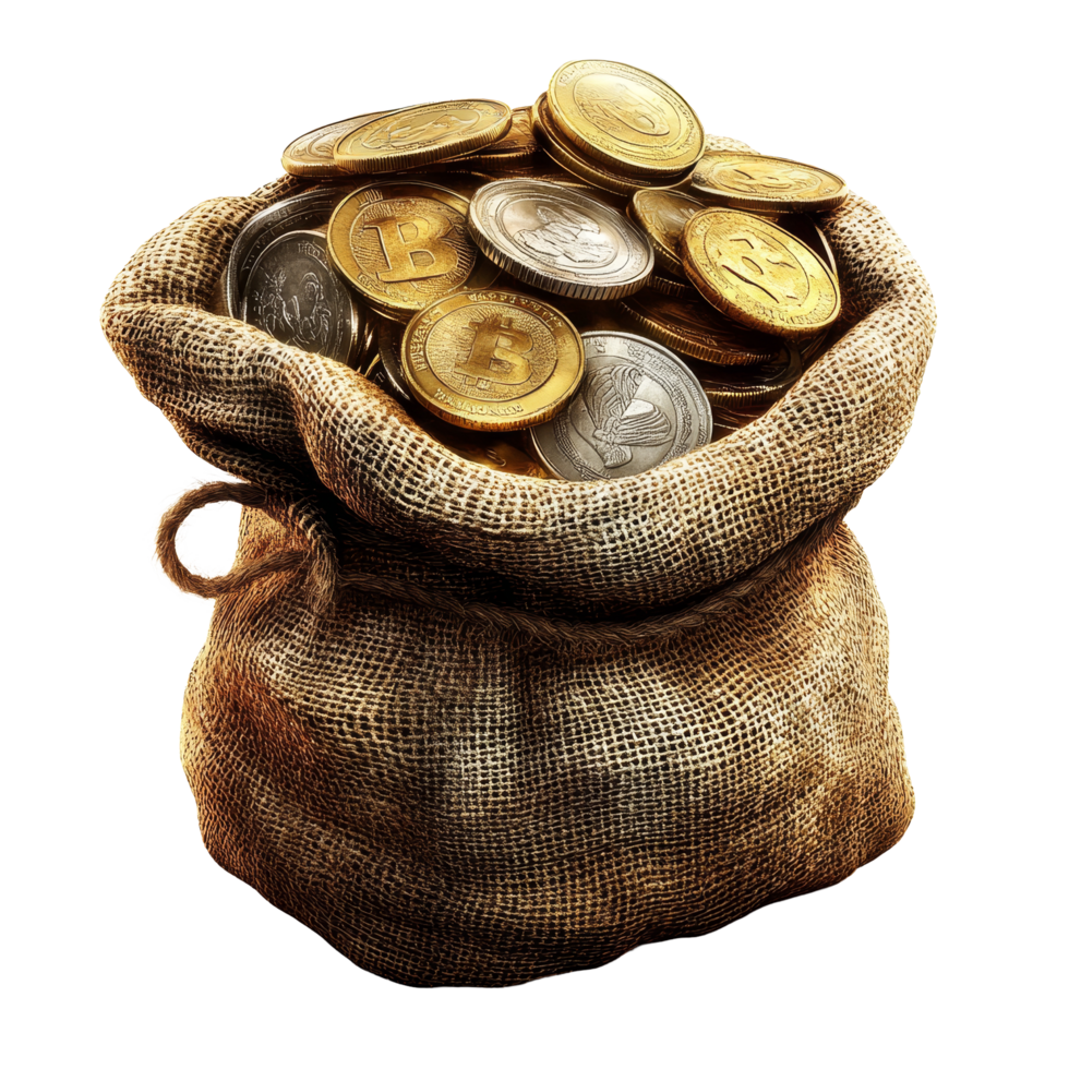 Burlap sack overflowing with gold and silver coins representing wealth and prosperity in a bright setting, Burlap sack full with gold and silver coins Stock Illustration png