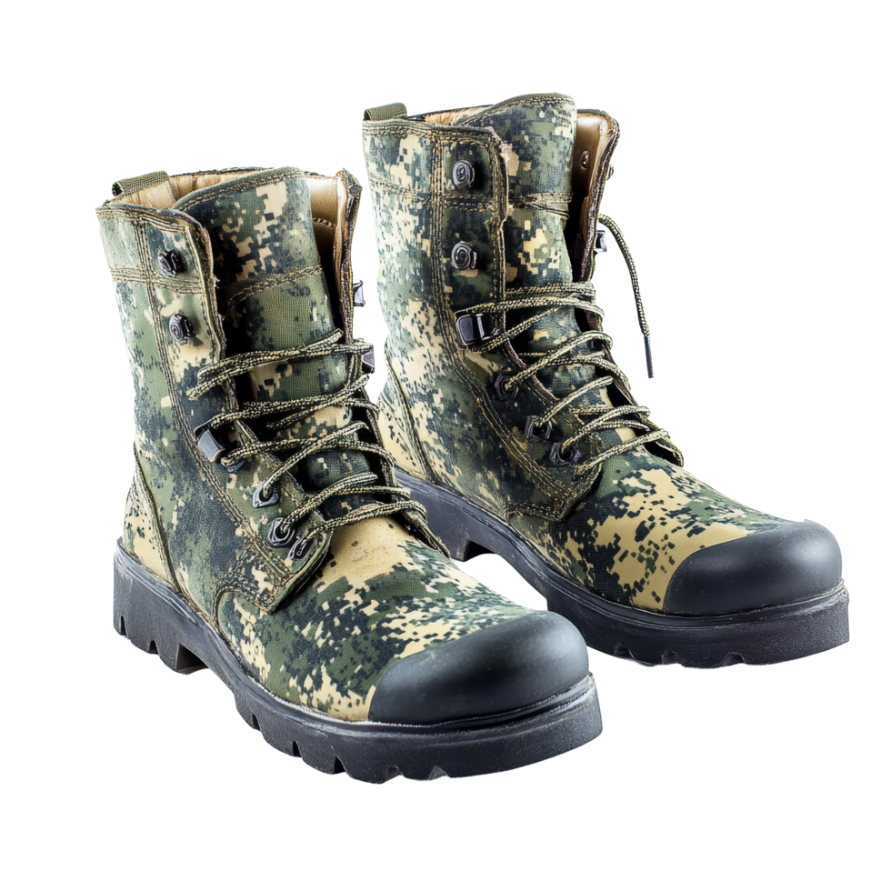 Durable military camouflage boots designed for outdoor activities and rugged terrains on a transparent background, Military Camouflage Boots Pair on transparent background png