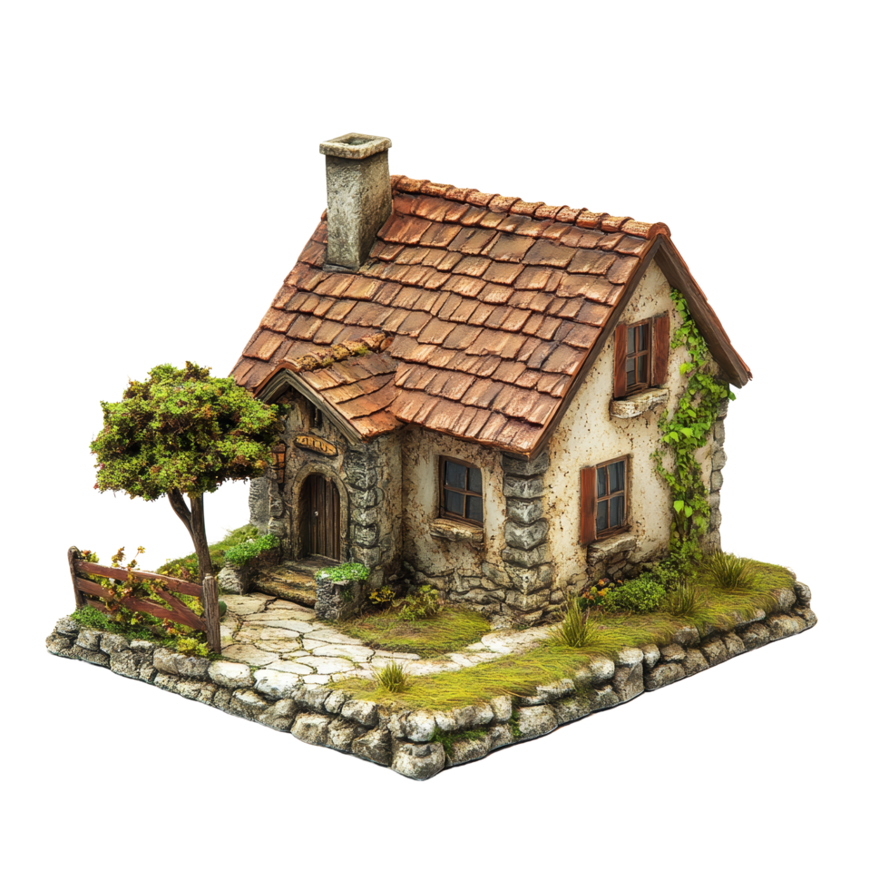 Small, isolated farmhouse with a rustic design against a plain transparent background, evoking a serene countryside vibe, small farm house, isolated transparent background png