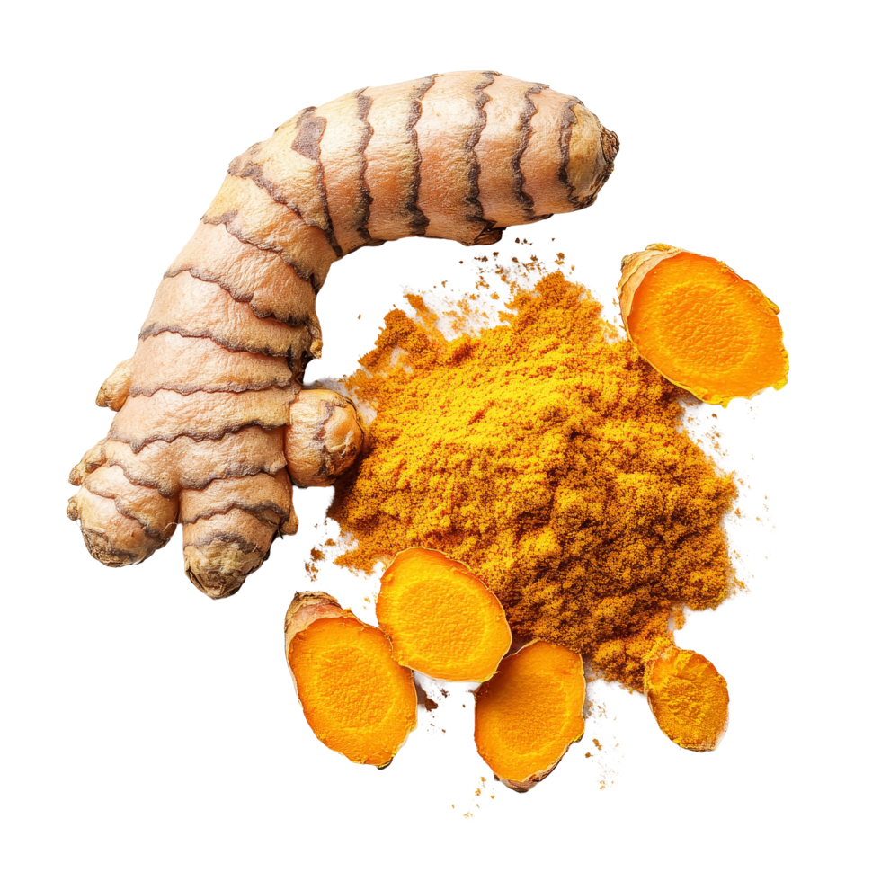 Organic turmeric root and powdered spice displayed together on a clean transparent background for culinary purposes, Organic turmeric on a transparent background png