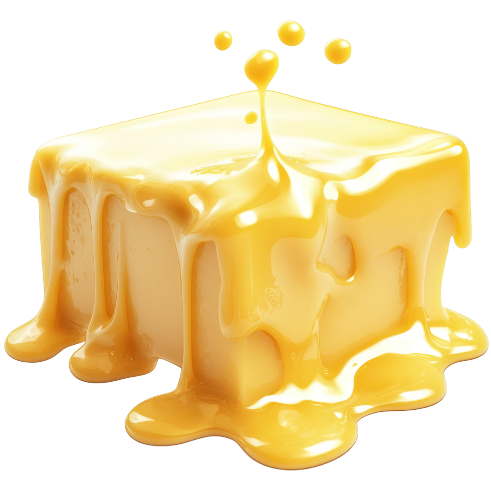 Butter melting and dripping on a surface, creating a rich and enticing visual experience, Butter melting isolated png